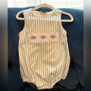 Striped Blue & White Baby One-Piece Romper with Fish Appliqué